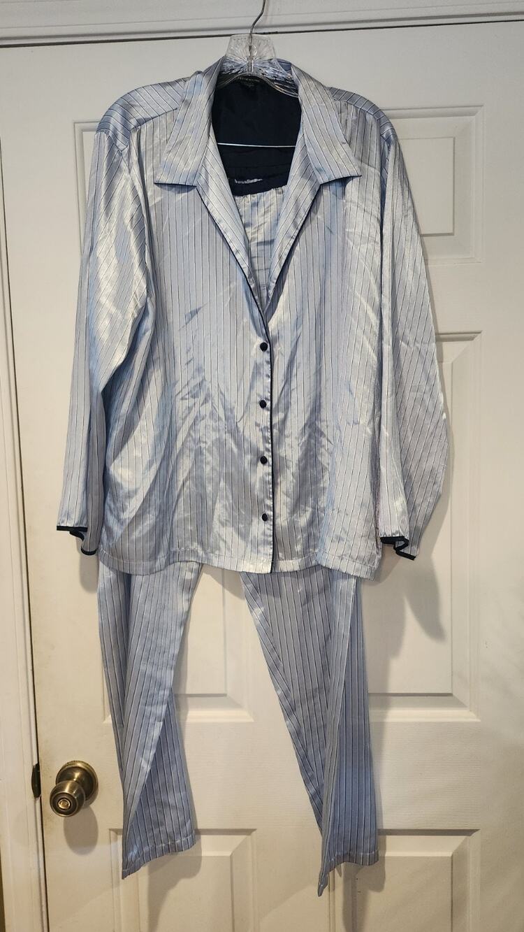 Jones New York Satin Striped Pajama Set Blue Pinstripe Button Up Pants XL #279